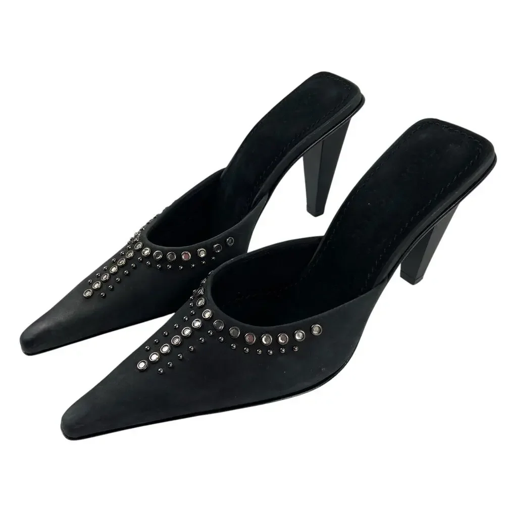 Glory Chen Black Studded Black Leather Suede Pointed Toe Mule Heels Size 5.5
